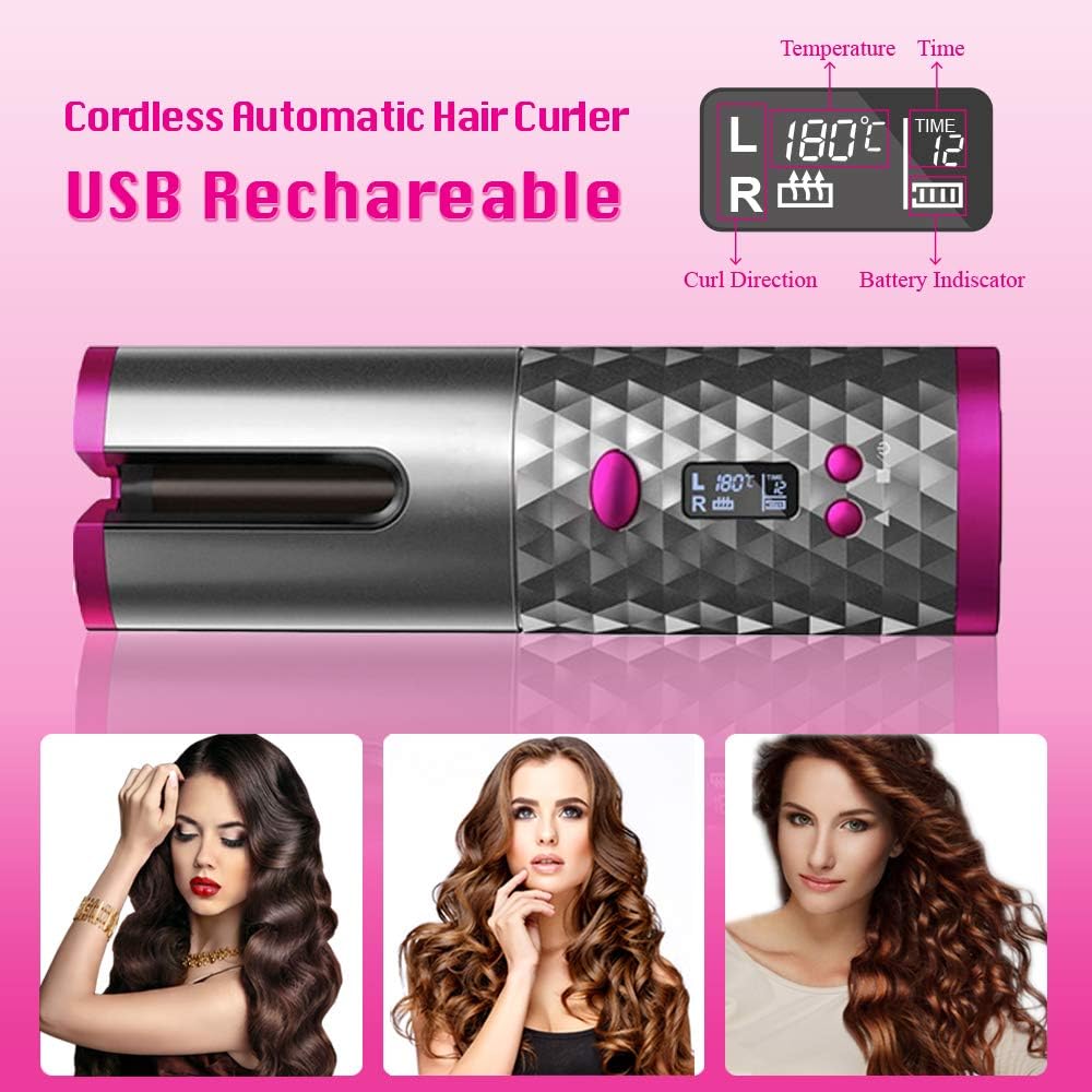 Rizador de pelo automático inalámbrico con cerámica, USB