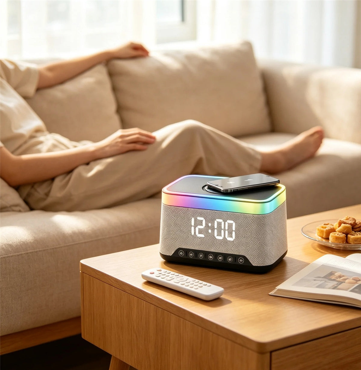 Altavoz despertador con luz RGB y carga inalámbrica sobre una mesita
