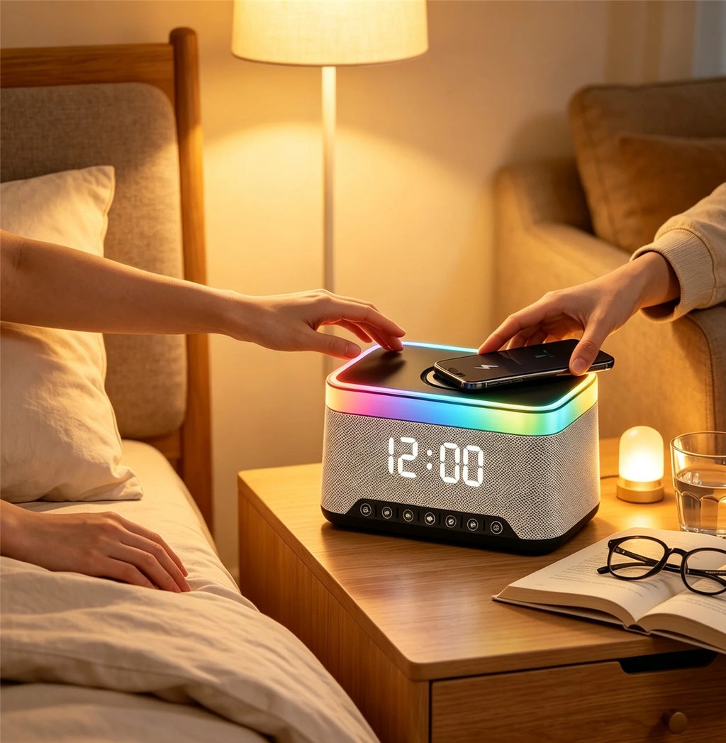 Altavoz despertador con luz RGB y carga inalámbrica sobre una mesita