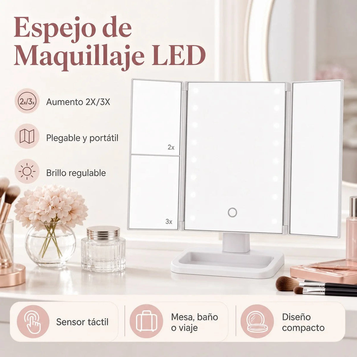 Espejo de maquillaje LED plegable