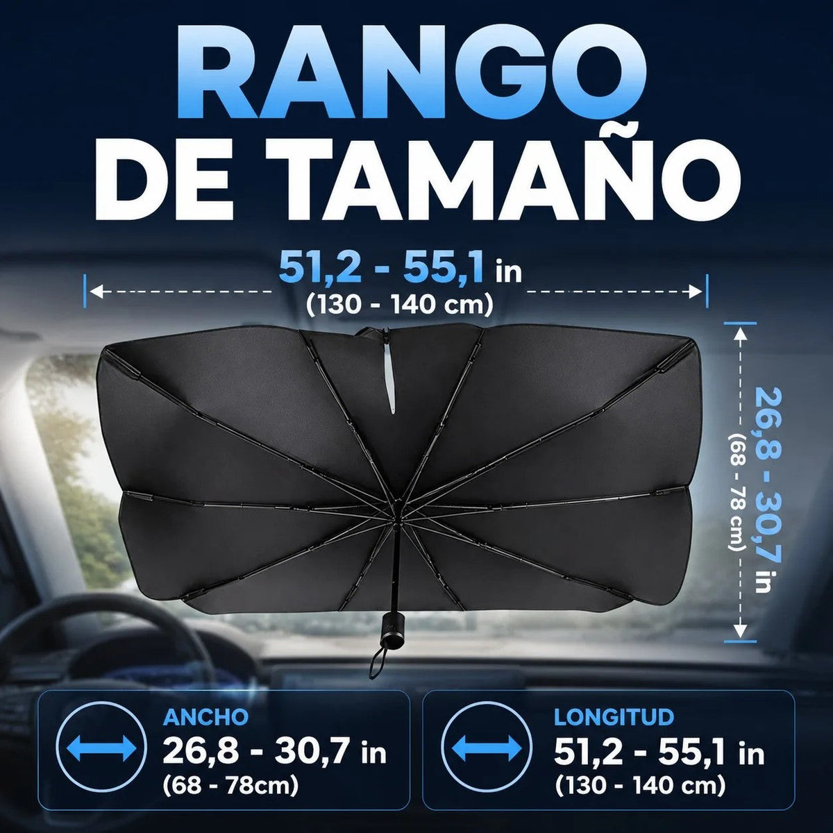 Parasol plegable tipo paraguas para el parabrisas