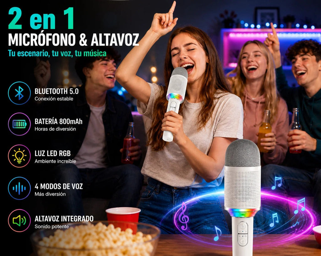 Micrófono karaoke Bluetooth con altavoz y luces