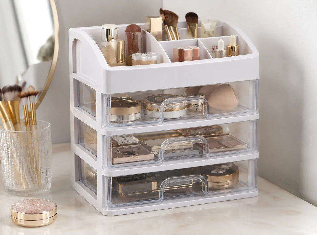 Organizador de maquillaje con 3 cajones transparentes