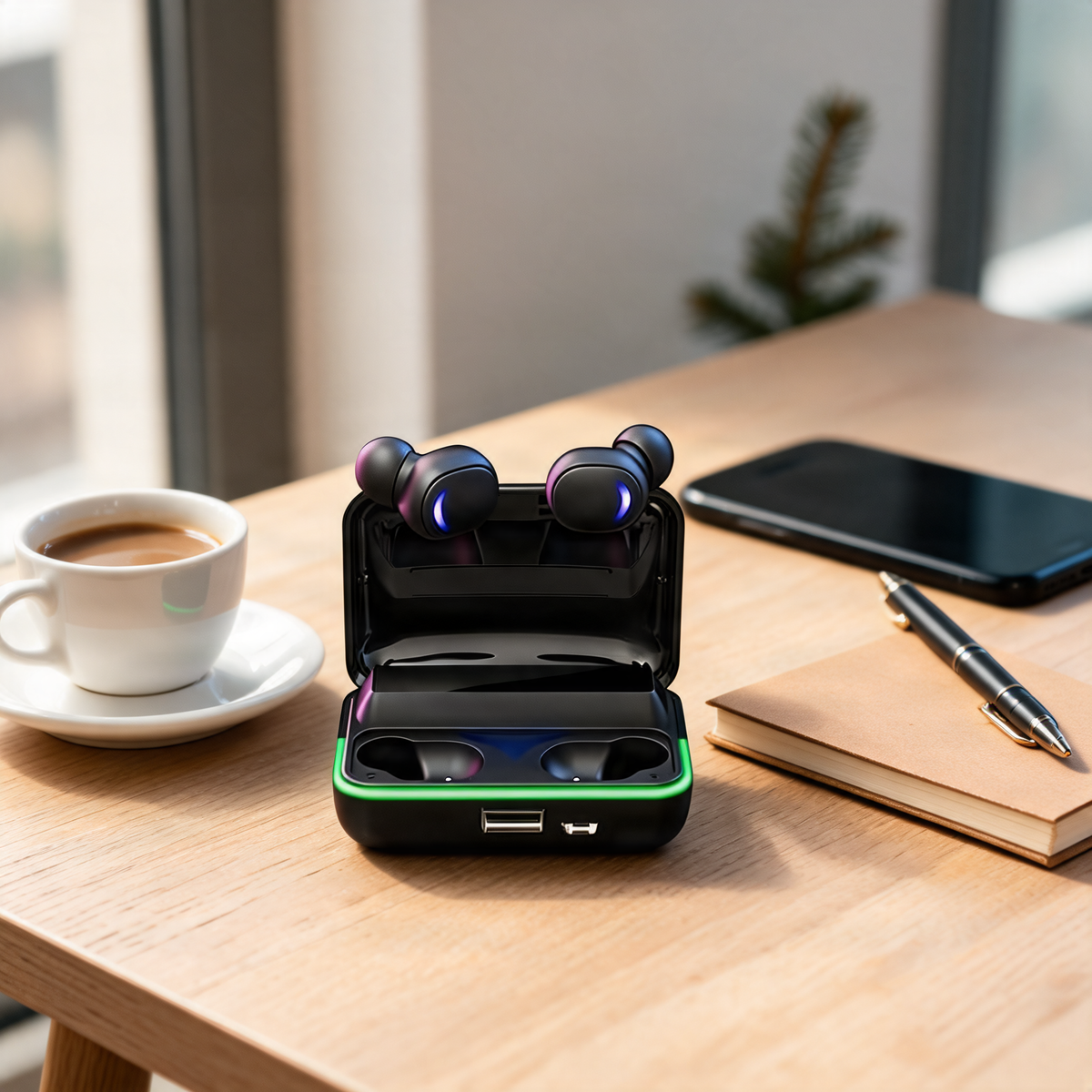 Auriculares inalámbricos con estuche sobre un escritorio