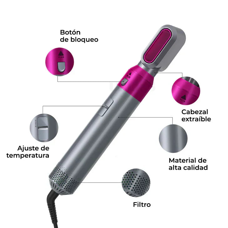 Cepillo secador 5 en 1: seca, alisa y riza con 5 cabezales